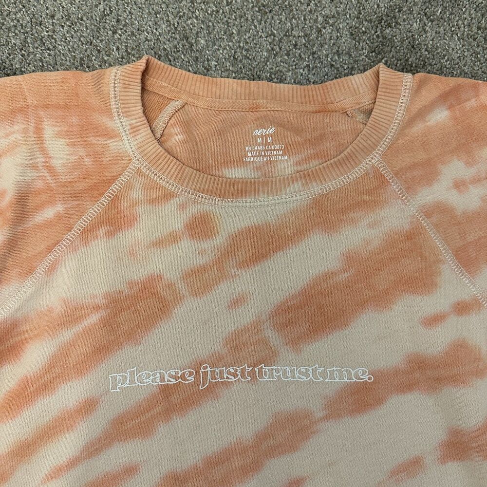 Aerie Tie Dye Graphic Sweatshirt Medium Please Just Trust Me Crewneck Peach - Picture 4 of 16